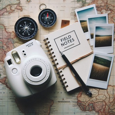 A camera, compass, and notebook are ready for an adventure