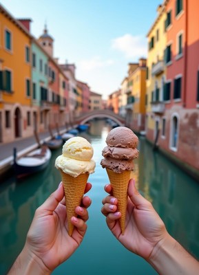 Two ice cream cones held in front of a canal in venice
