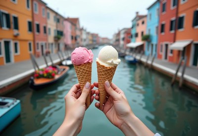 Two ice cream cones held in a canal in venice