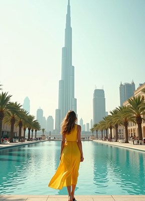 A woman walks toward the burj khalifa in dubai