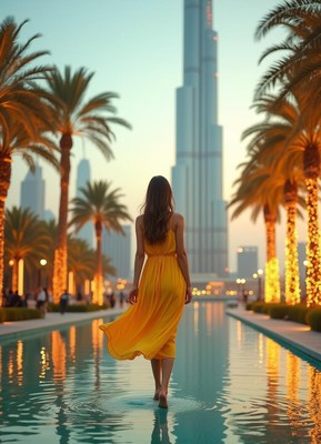 A woman walks barefoot through a reflecting pool in dubai