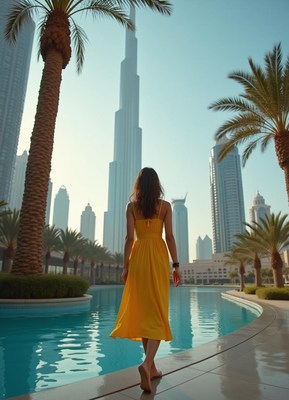 A woman walks by a pool in dubai