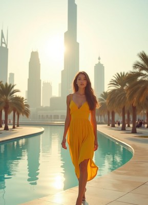 A woman in a yellow dress walks by a pool in dubai