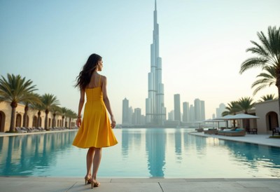 A woman in a yellow dress walks by a pool in dubai