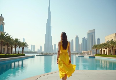 A woman walks near the burj khalifa in dubai