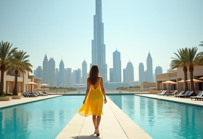A woman walks toward the burj khalifa in dubai