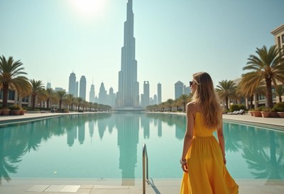 A woman in a yellow dress walks by a pool in dubai