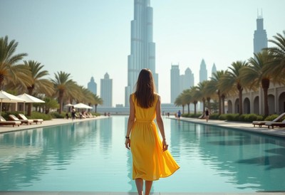 A woman walks by a pool in dubai