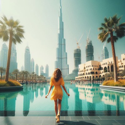 A woman walks towards the burj khalifa in dubai