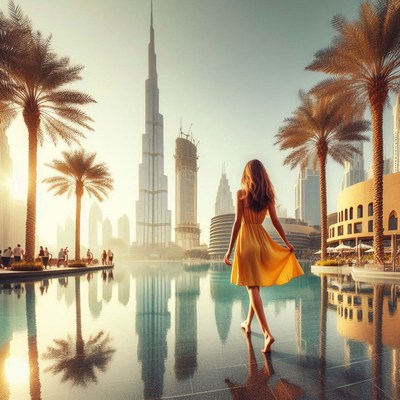 A woman walks by a reflecting pool in dubai