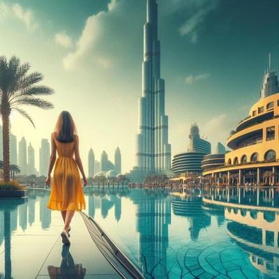 A woman walks by a reflecting pool in dubai