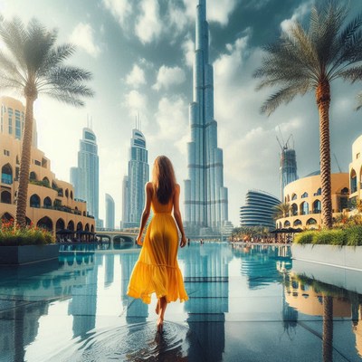 A woman walks through the dubai skyline