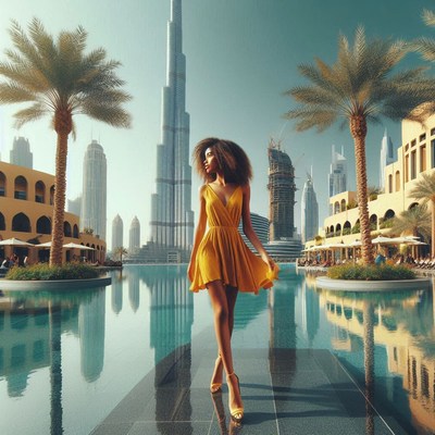 A woman in a yellow dress walks by a pool in dubai