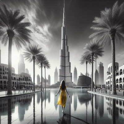 A woman walks towards the burj khalifa in dubai