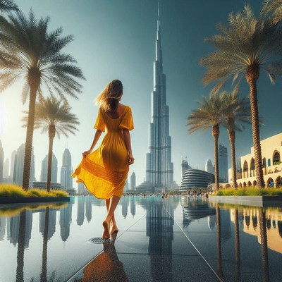 A woman walks barefoot toward the burj khalifa