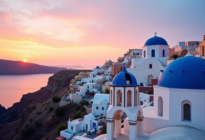 A sunset view of santorini, greece, with a blue domed church