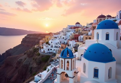 Santorini, greece, at sunset, with blue-domed churches