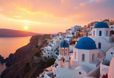 Sunset over aegean lights santorini’s white buildings