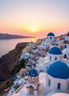 Santorini's blue-domed buildings by the sunset sea