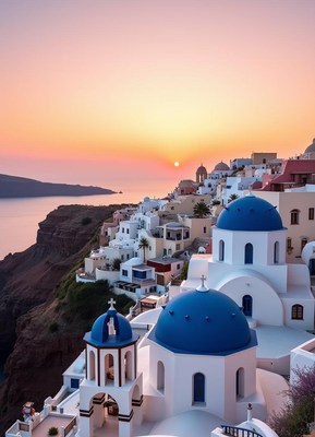 Santorini's blue-domed churches by the aegean sunset