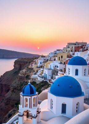 Sunset view of whitewashed buildings in santorini
