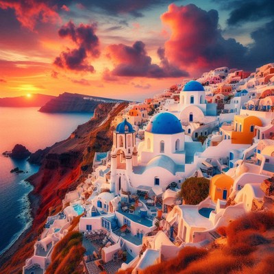 Sunset in oia, santorini, lights the white buildings