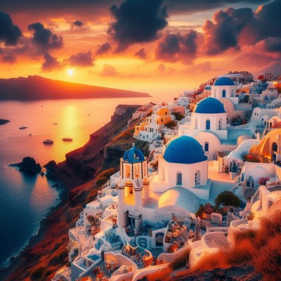 A view of santorini, greece, at sunset