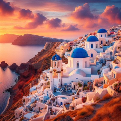 Stunning sunset over santorini's white buildings
