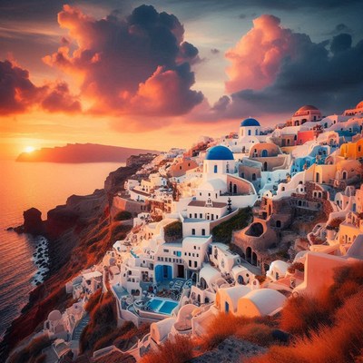 Santorini town at sunset, greece