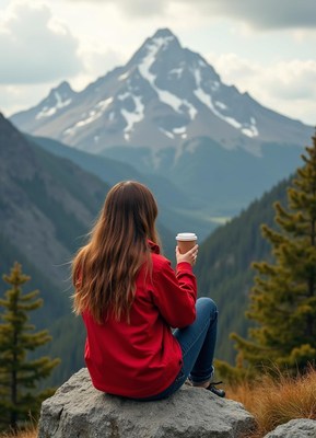 Woman sips a warm drink, admiring the mountain view
