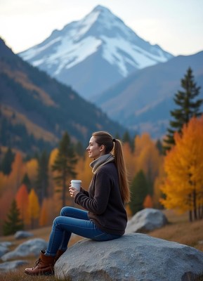 A woman enjoys a cup of coffee while admiring the mountains