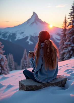 Woman drinks as she admires a snowy sunrise