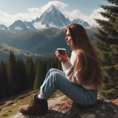 A woman sips a warm drink, admiring mountains