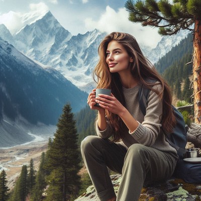Woman sips coffee with mountain view