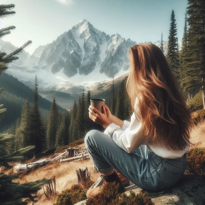 A woman sits on a rock, facing a valley