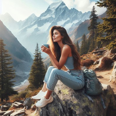 Woman sips coffee, admiring mountain views