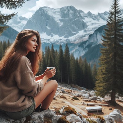Woman sips a warm drink, admiring mountains