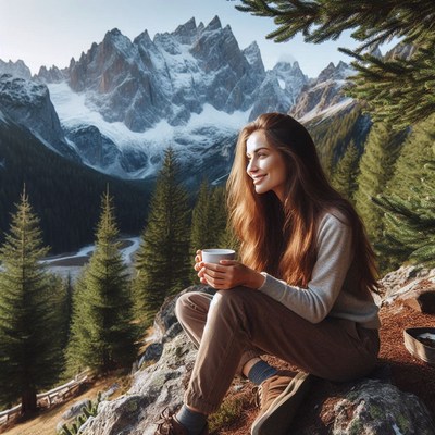 Woman sips coffee, admiring snowy mountains
