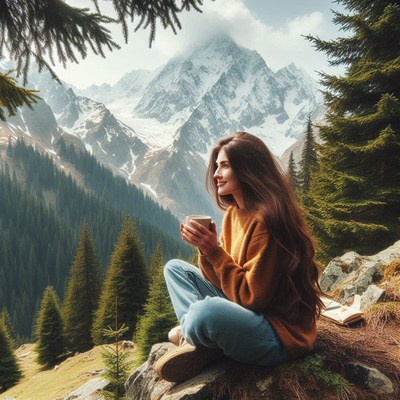 Woman sips coffee, admiring mountain views