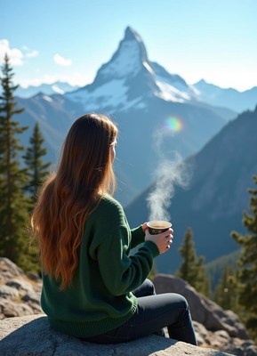 Woman sips coffee, enjoying mountain views