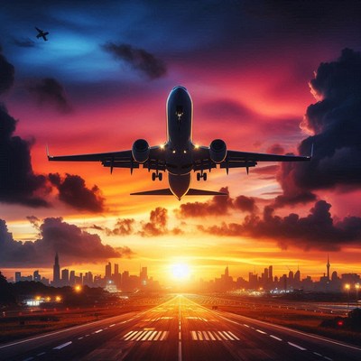 A plane takes off into a vibrant sunset