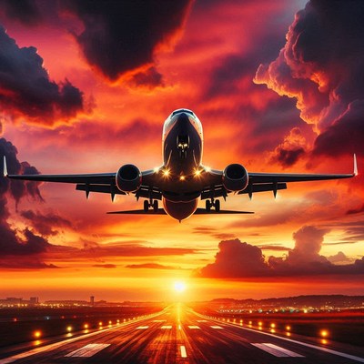 An airplane takes off at sunset