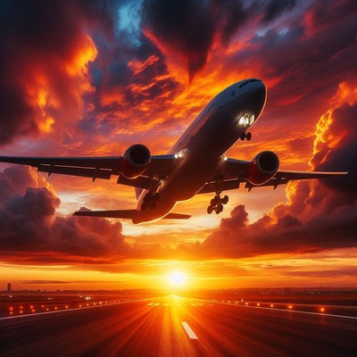An airplane takes off against a vibrant sunset