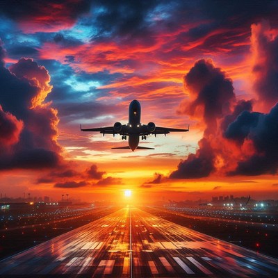 A plane takes off into a fiery sunset