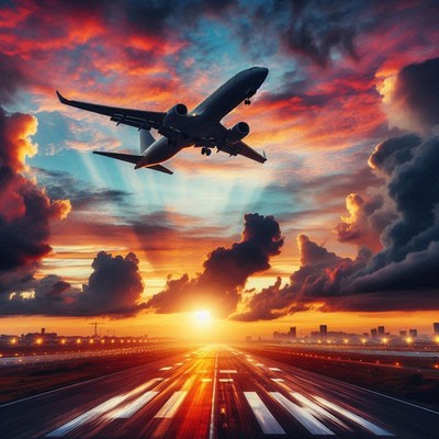 An airplane takes off at sunset