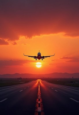 A plane flies over a runway during a sunset
