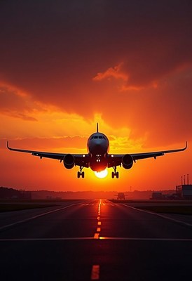An airplane takes off against a vibrant sunset
