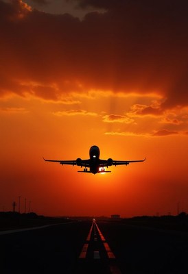 An airplane takes off during sunset
