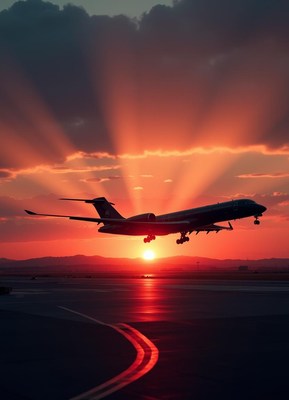 Plane lands at sunset, silhouetted by the sky