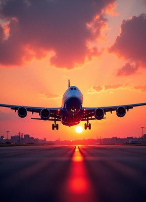 An airplane takes off at sunset